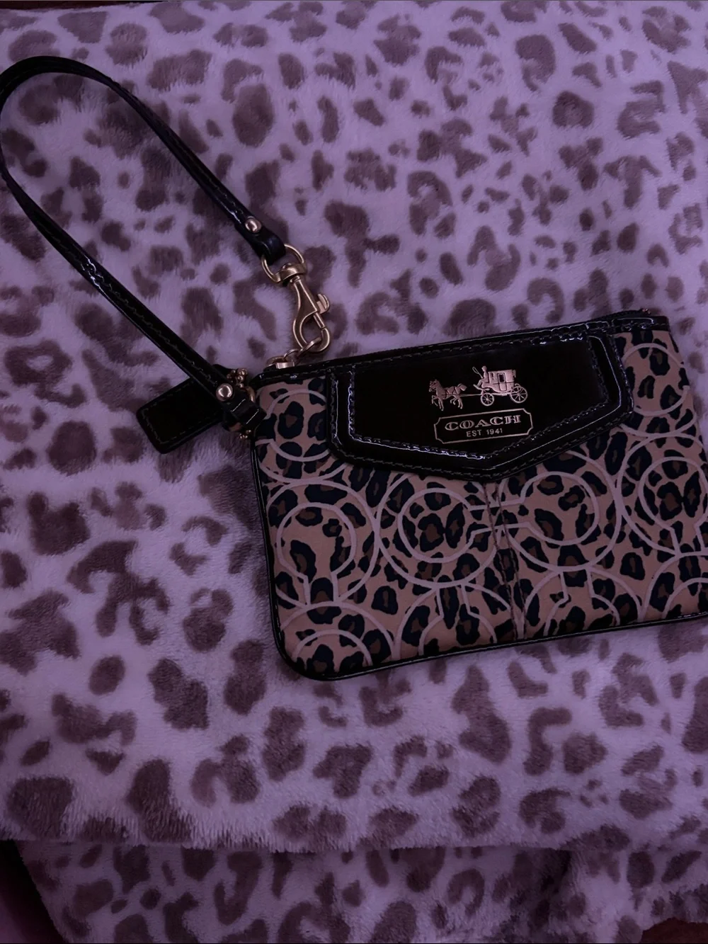 Coach Leopard Print Signature Wristlet - Black & Tan